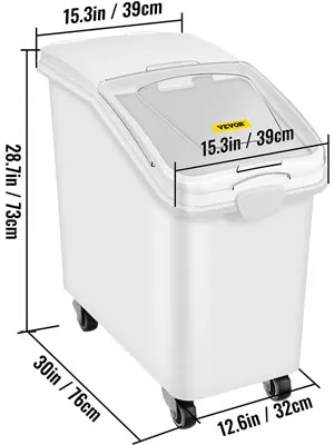 VEVOR ingredient storage bin with lid and wheels, white, dimensions: 30 x 15.3 x 28.7 inches.