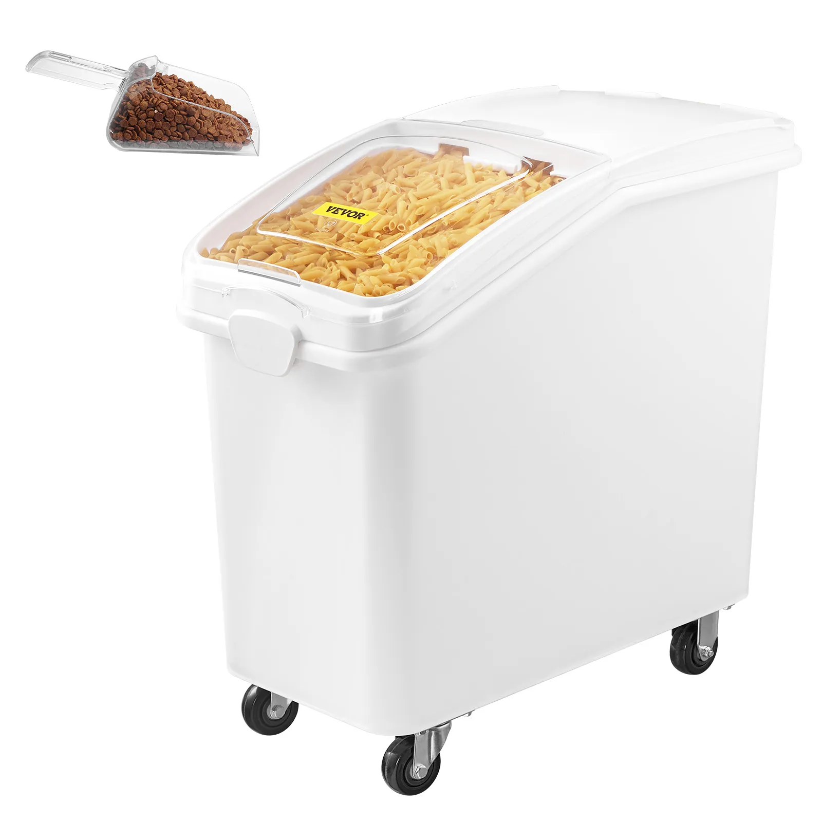 VEVOR ingredient storage bin with transparent lid and scoop on wheels.