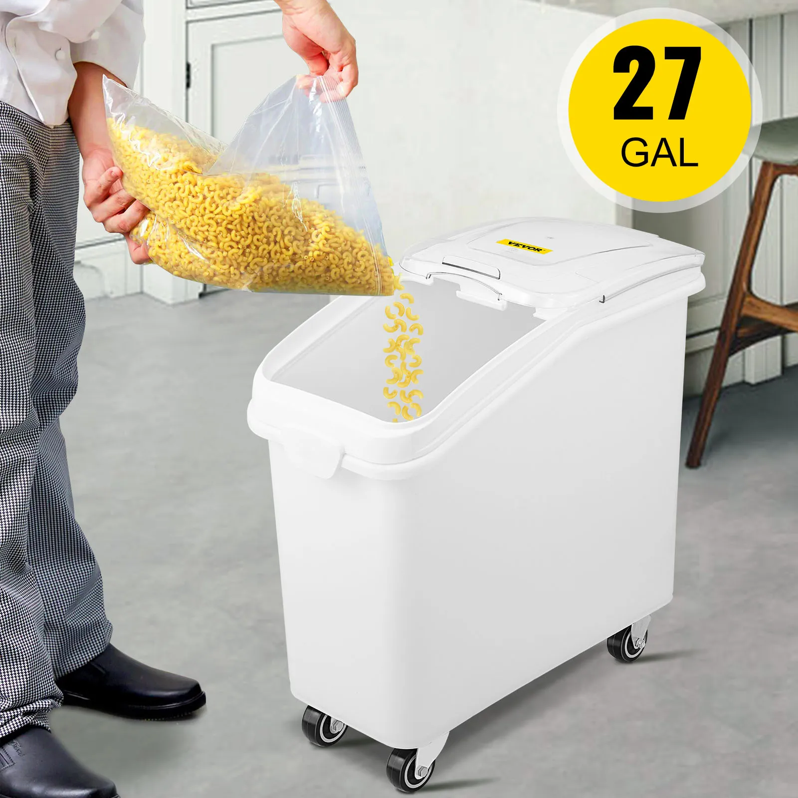 chef pouring pasta into a VEVOR ingredient storage bin, 27 gal capacity, in a kitchen.