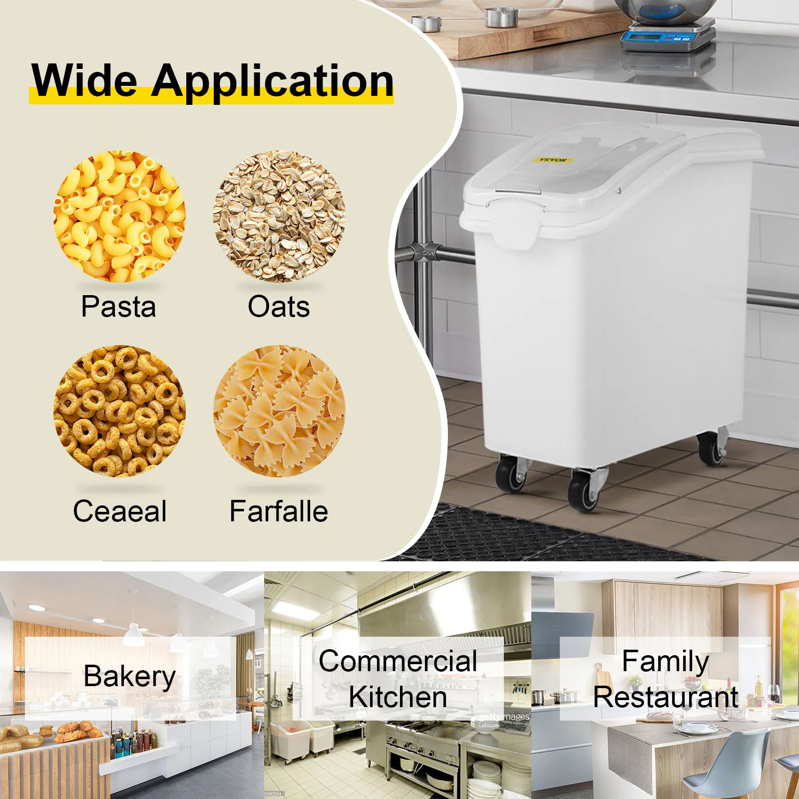 VEVOR ingredient storage bin for pasta, oats, cereal, farfalle in various kitchen settings.