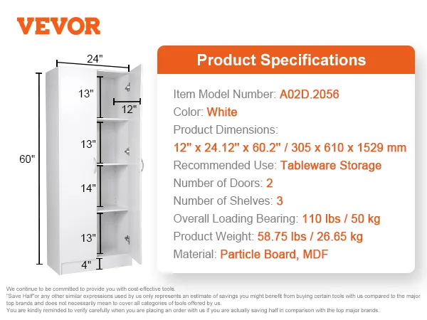 Specificaties van de VEVOR voorraadkast: wit, 30,5 x 61,5 x 152 cm, opbergruimte voor servies, 2 deuren, 3 planken, spaanplaat, mdf.