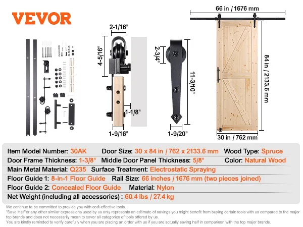 VEVOR barn door kit with natural wood spruce door, black rail, and complete hardware set.