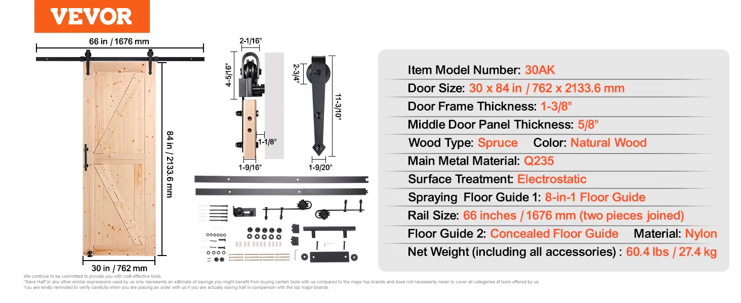 VEVOR barn door kit with natural wood spruce door, black rail, and complete hardware set.