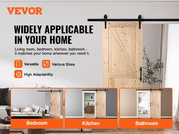 VEVOR barn door kit for living room, bedroom, kitchen, and bathroom; versatile, various sizes, high adaptability.