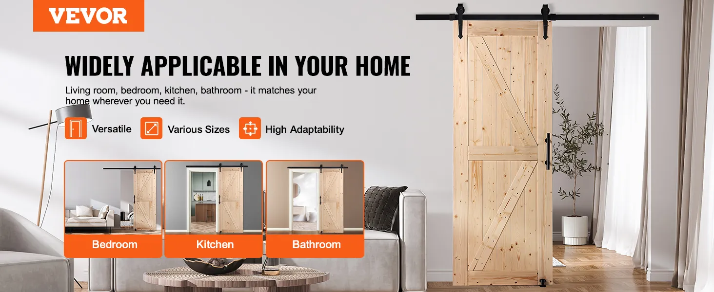 VEVOR barn door kit for living room, bedroom, kitchen, and bathroom; versatile, various sizes, high adaptability.