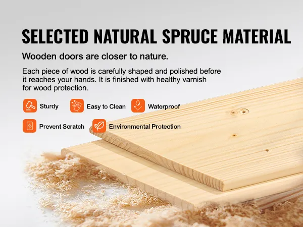 selected natural spruce material for wooden doors, showcasing sturdiness, waterproof, easy to clean—VEVOR barn door kit.
