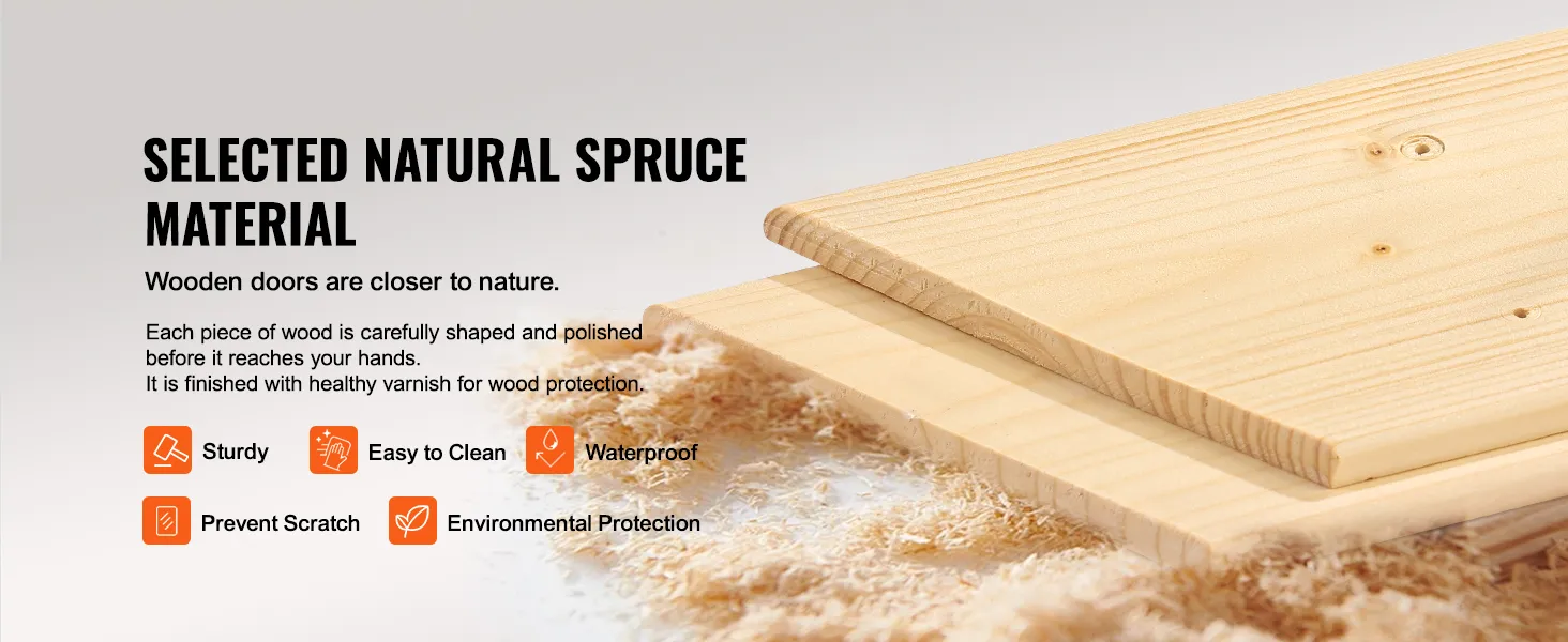 selected natural spruce material for wooden doors, showcasing sturdiness, waterproof, easy to clean—VEVOR barn door kit.