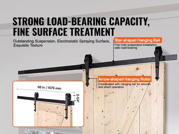VEVOR barn door kit with star-shaped hanging rail, arrow-shaped roller, and 66-inch door dimensions.