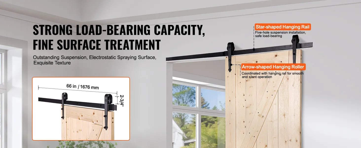 VEVOR barn door kit with star-shaped hanging rail, arrow-shaped roller, and 66-inch door dimensions.