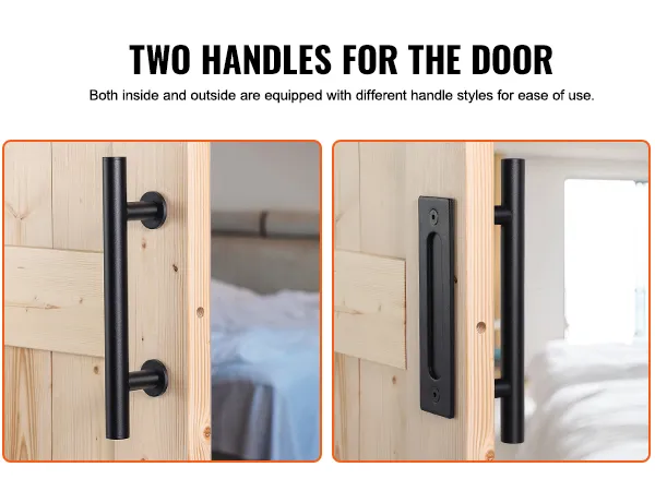 VEVOR barn door kit with two handle styles shown on a wooden barn door in a bedroom setting.