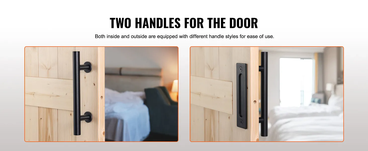 VEVOR barn door kit with two handle styles shown on a wooden barn door in a bedroom setting.