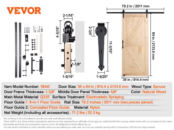 VEVOR barn door kit with 36x84in spruce door, 79.2in rail, q235 metal, nylon floor guides, 71.2lbs.