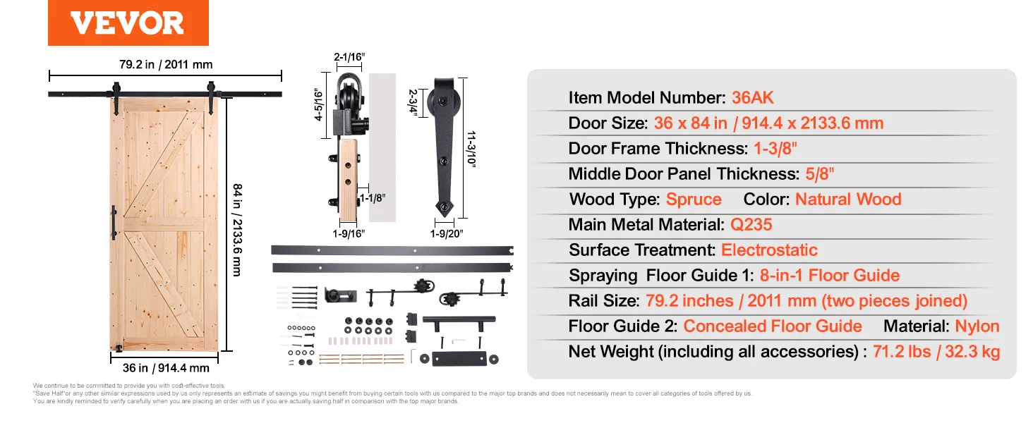 VEVOR barn door kit with 36x84in spruce door, 79.2in rail, q235 metal, nylon floor guides, 71.2lbs.