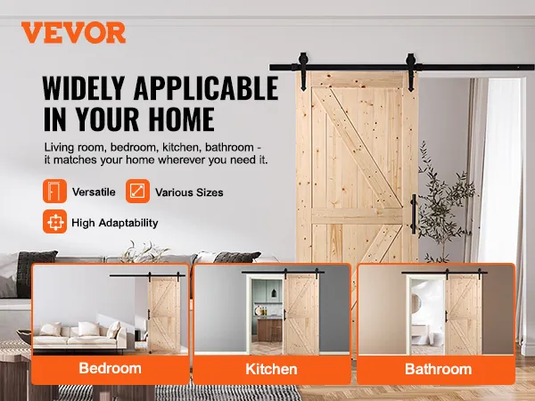 VEVOR barn door kit installed in a modern living room, showcasing versatility for bedroom, kitchen, bathroom.