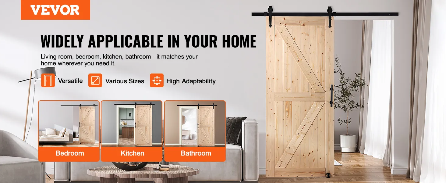 VEVOR barn door kit installed in a modern living room, showcasing versatility for bedroom, kitchen, bathroom.
