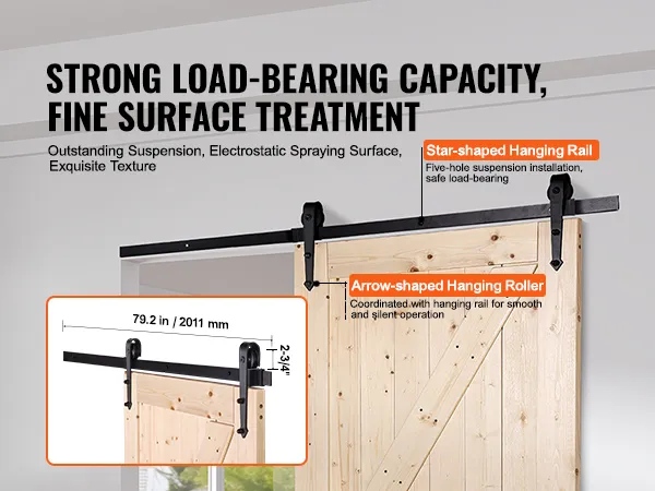VEVOR barn door kit, durable wooden door with star-shaped hanging rail and arrow-shaped hanging roller.