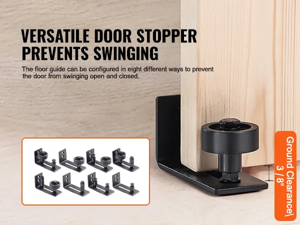 VEVOR barn door kit versatile door stopper, eight configurations to prevent swinging, 3/8" ground clearance.
