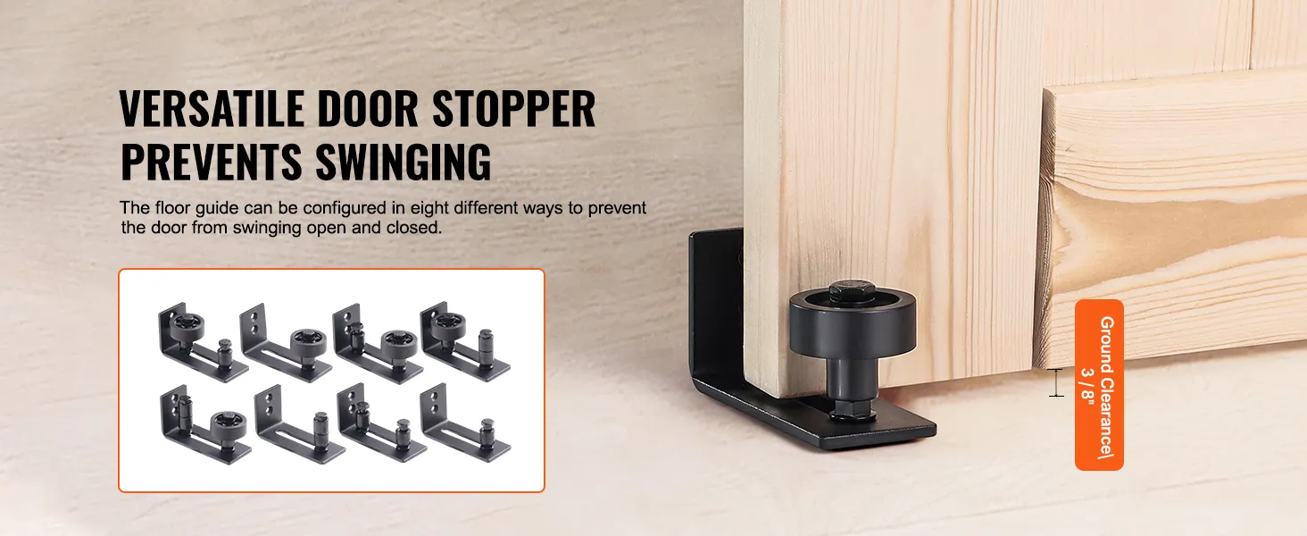 VEVOR barn door kit versatile door stopper, eight configurations to prevent swinging, 3/8" ground clearance.