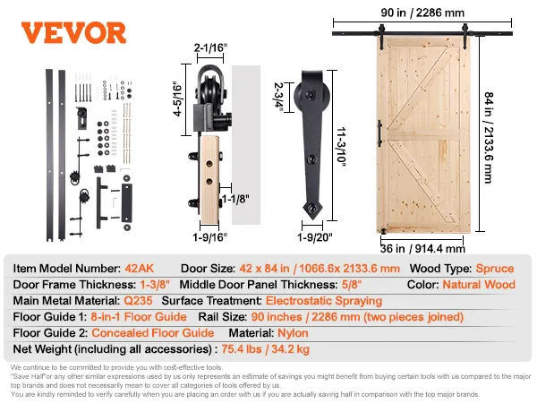 Dimensiones del kit de puerta de granero VEVOR: puerta de 42" x 84", riel de 90", abeto de madera natural, metal electrostático q235.