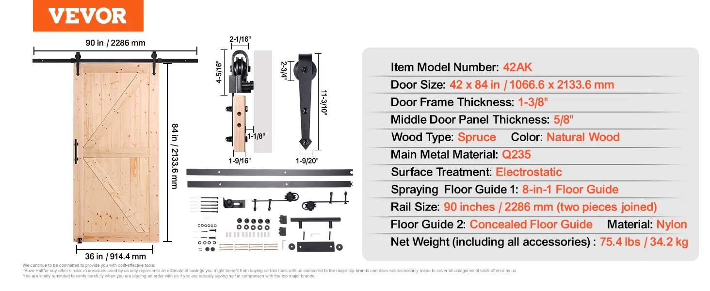 Dimensiones del kit de puerta de granero VEVOR: puerta de 42" x 84", riel de 90", abeto de madera natural, metal electrostático q235.
