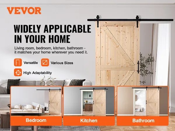 El kit de puerta de granero VEVOR se exhibe para un uso versátil en el dormitorio, la cocina y el baño, mejorando la decoración del hogar.