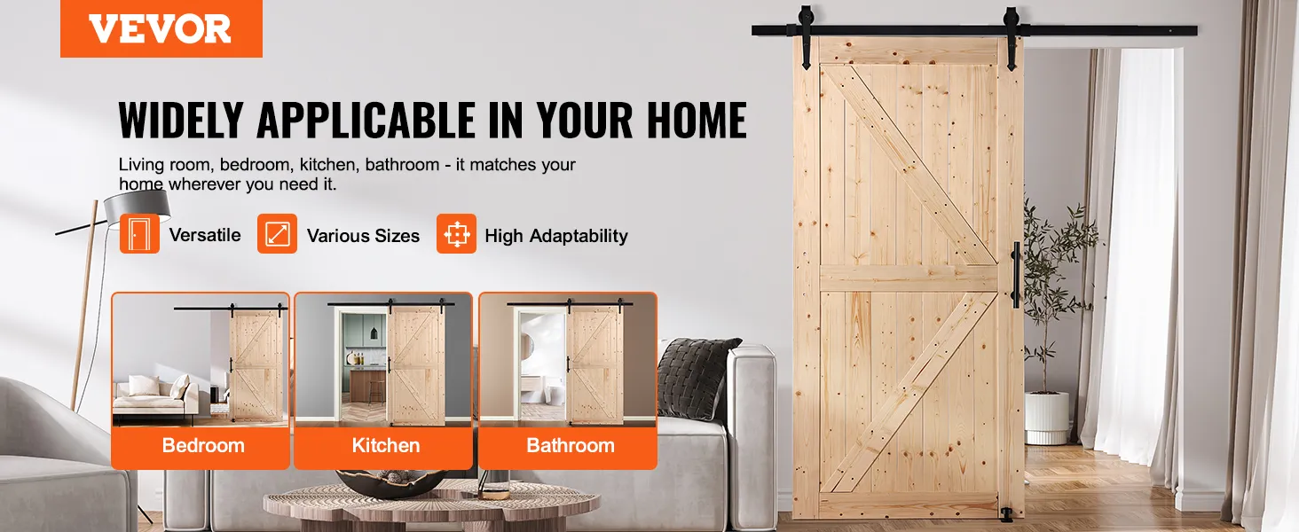 El kit de puerta de granero VEVOR se exhibe para un uso versátil en el dormitorio, la cocina y el baño, mejorando la decoración del hogar.