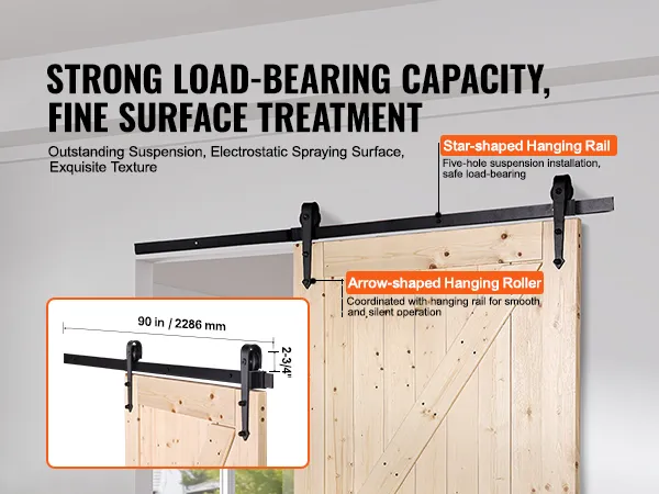 Kit de puerta de granero VEVOR con un riel para colgar en forma de estrella y un rodillo para colgar en forma de flecha.
