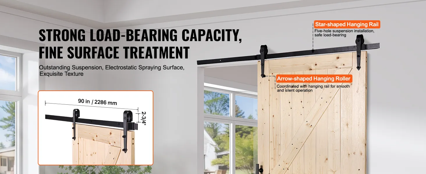 Kit de puerta de granero VEVOR con un riel para colgar en forma de estrella y un rodillo para colgar en forma de flecha.
