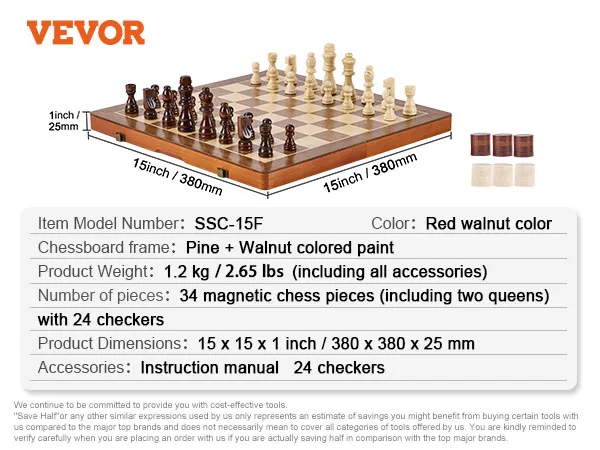 Magnetisches Schachspiel von VEVOR in der Farbe Rot-Walnuss, mit 34 magnetischen Figuren und 24 Damesteinen, Brett 15 x 15 Zoll.