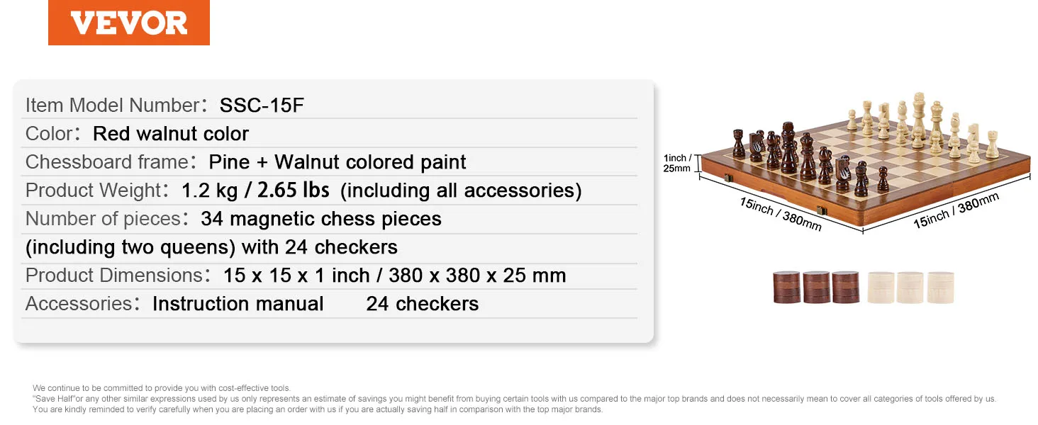 Magnetisches Schachspiel von VEVOR in der Farbe Rot-Walnuss, mit 34 magnetischen Figuren und 24 Damesteinen, Brett 15 x 15 Zoll.