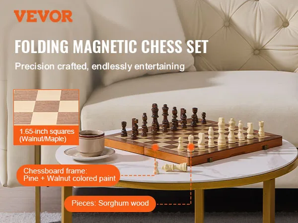 Magnetisches Schachspiel von VEVOR auf einem runden Tisch, mit Feldern aus Walnuss/Ahorn und Figuren aus Sorghumholz.