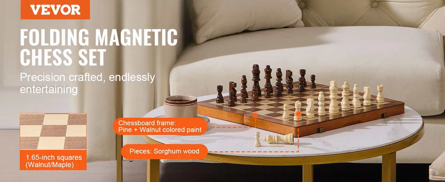 Magnetisches Schachspiel von VEVOR auf einem runden Tisch, mit Feldern aus Walnuss/Ahorn und Figuren aus Sorghumholz.