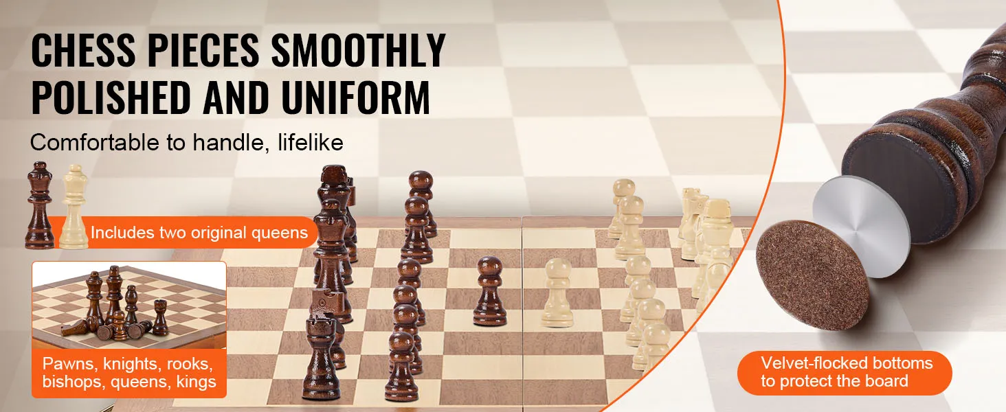 Magnetisches Schachspiel von VEVOR mit glatt polierten Figuren, zwei Originalköniginnen und samtbeflockten Böden.