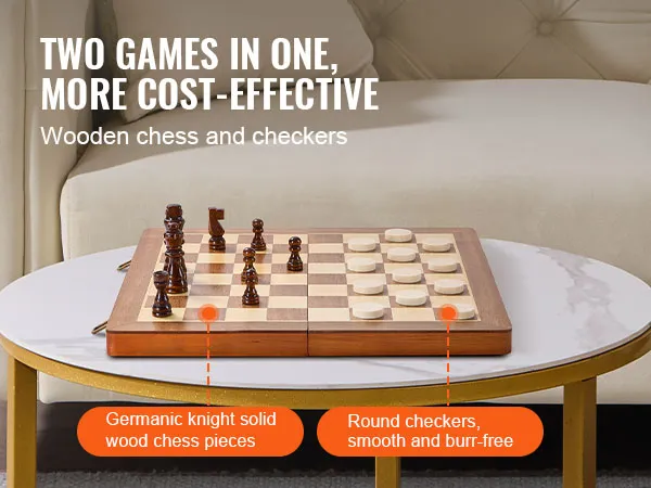 Magnetisches Schachspiel von VEVOR mit Massivholzfiguren und glatten, gratfreien runden Damesteinen auf einem Marmortisch.