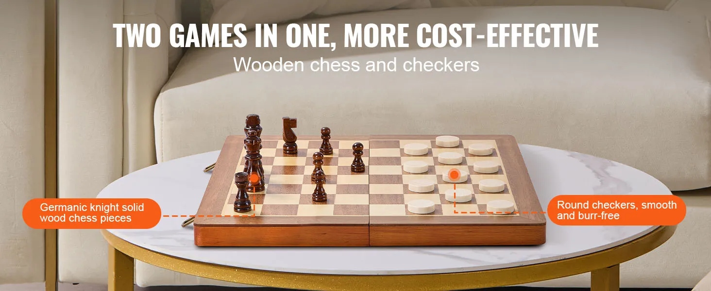 Magnetisches Schachspiel von VEVOR mit Massivholzfiguren und glatten, gratfreien runden Damesteinen auf einem Marmortisch.