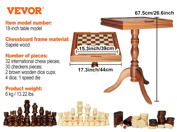 VEVOR schaakset met sapelehouten frame, schaakstukken, damborden, dobbelbekers en dobbelstenen.
