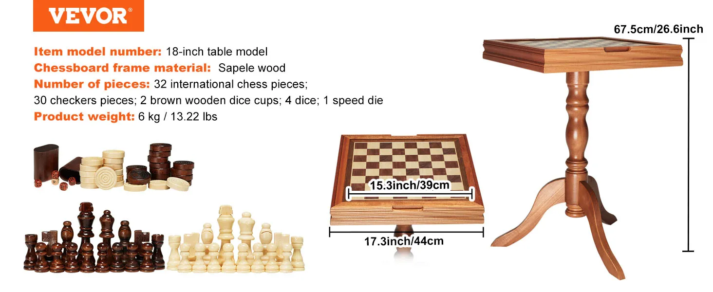 VEVOR schaakset met sapelehouten frame, schaakstukken, damborden, dobbelbekers en dobbelstenen.