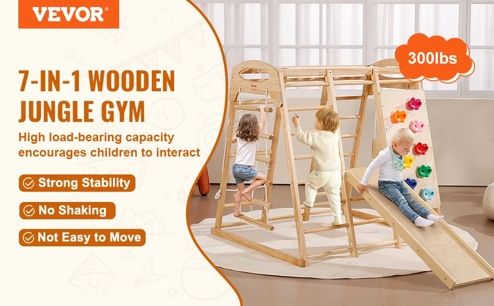 VEVOR indoor jungle gym 7-in-1 houten speeltoestel met glijbaan, klimwand en ladder voor kinderen, draagvermogen van 136 kg.