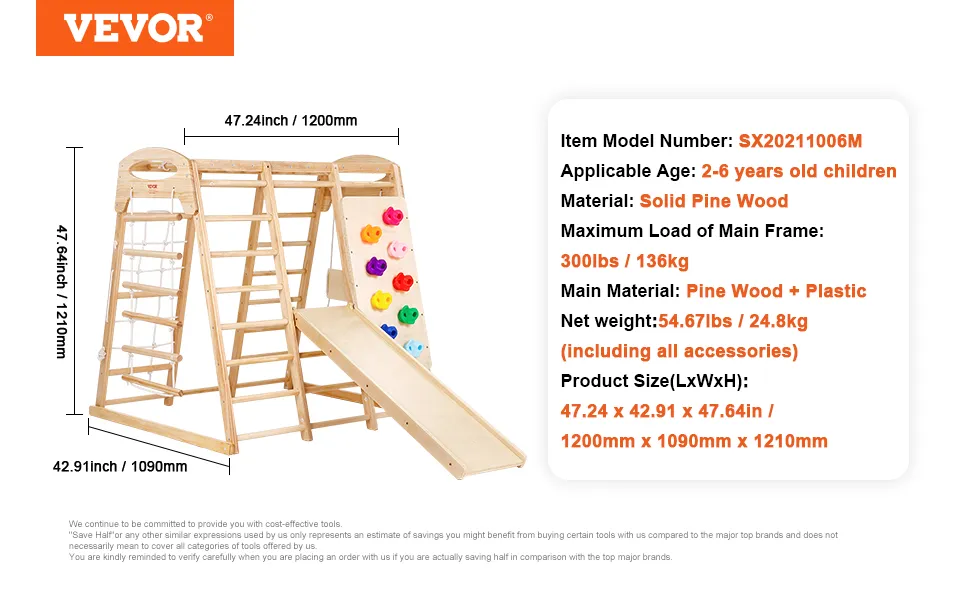 VEVOR indoor jungle gym for 2-6 years old, solid pine wood, 300lbs capacity, 47.64x42.91x47.24 inches.