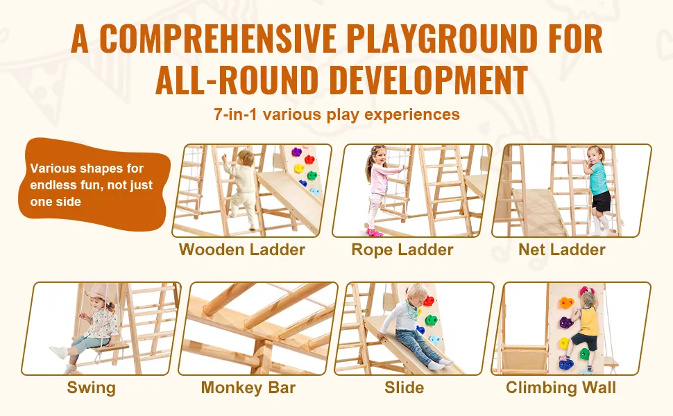 VEVOR indoor jungle gym for kids with wood and rope ladders, net ladder, swing, slide, climbing wall.