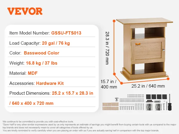 VEVOR aquarium stand with 20 gal capacity, basswood color, mdf, hardware kit, 25.2x15.7x28.3 in.