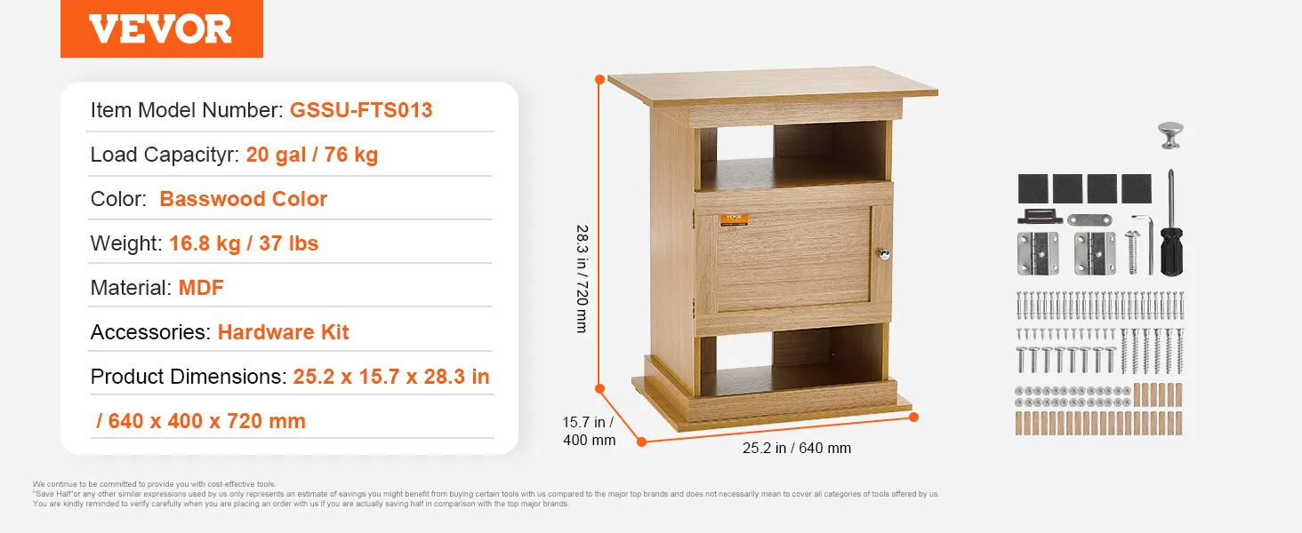 VEVOR aquarium stand with 20 gal capacity, basswood color, mdf, hardware kit, 25.2x15.7x28.3 in.