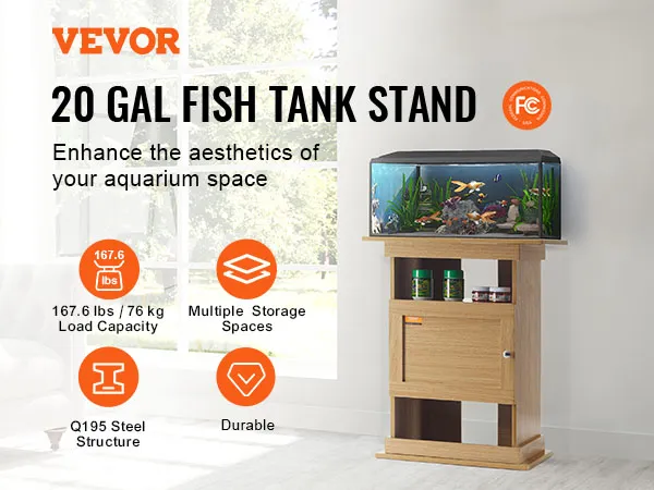 VEVOR aquarium stand for 20-gallon fish tank, wooden design with multiple storage and 167.6 lbs capacity.