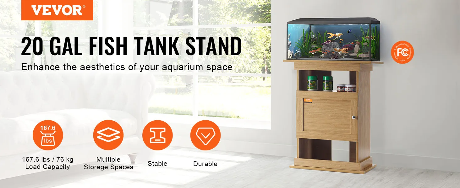 VEVOR aquarium stand for 20-gallon fish tank, wooden design with multiple storage and 167.6 lbs capacity.