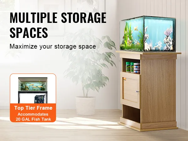 VEVOR aquarium stand with multiple storage spaces, suitable for a 20-gallon fish tank, next to a potted plant.