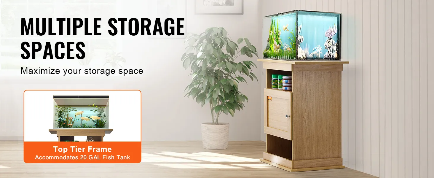 VEVOR aquarium stand with multiple storage spaces, suitable for a 20-gallon fish tank, next to a potted plant.