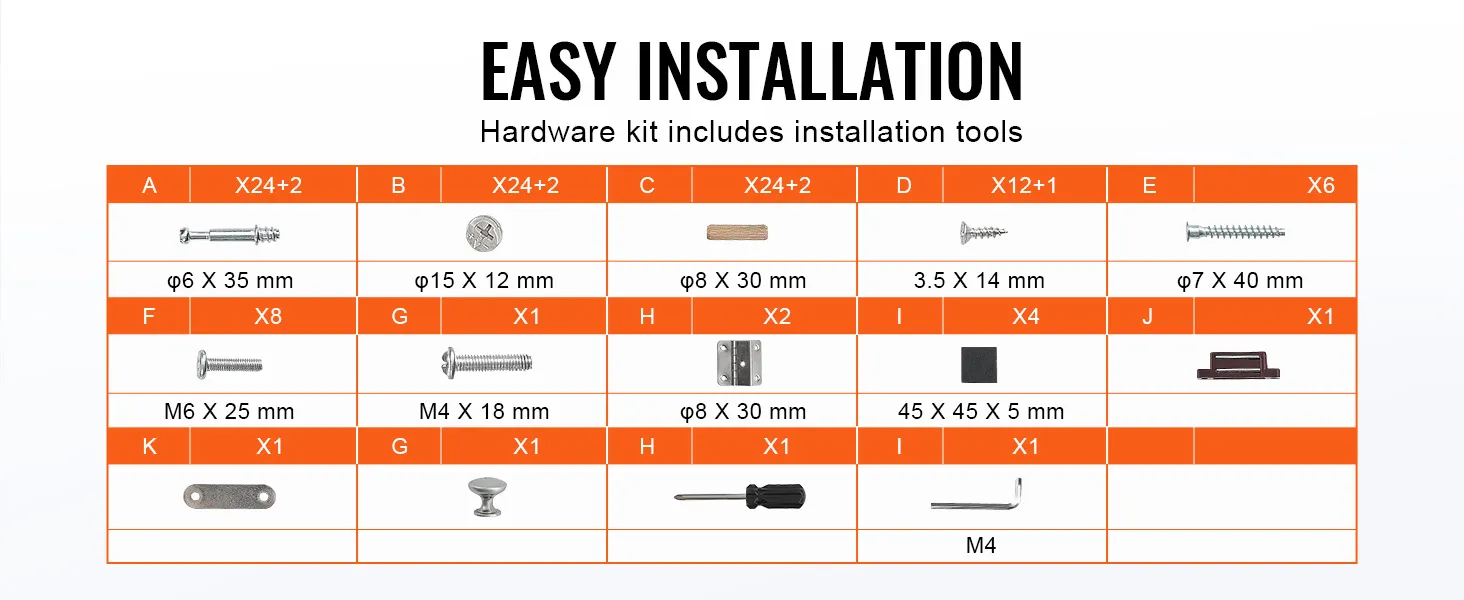 easy installation guide for VEVOR aquarium stand, showcasing hardware kit with screws, bolts, and tools.