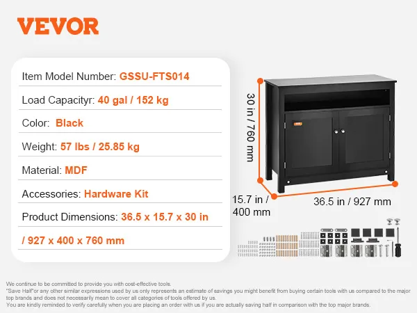 VEVOR aquarium stand, 40-gallon capacity, black mdf, 36.5x15.7x30 in with a hardware kit.
