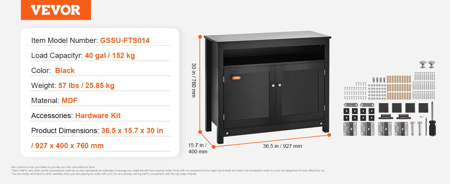 VEVOR aquarium stand, 40-gallon capacity, black mdf, 36.5x15.7x30 in with a hardware kit.