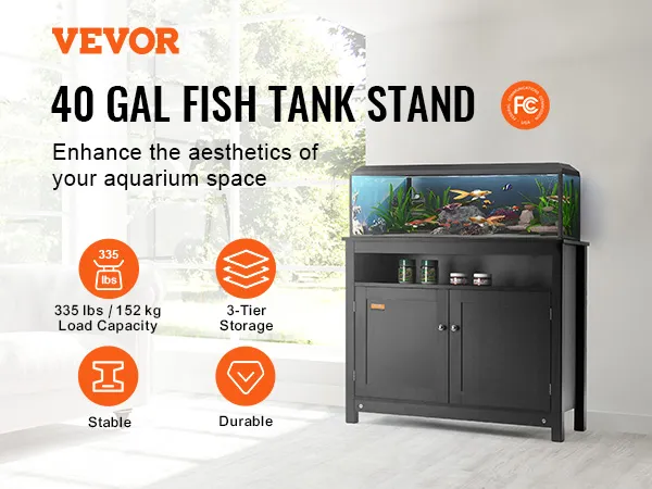 VEVOR aquarium stand for 40-gal fish tank, 3-tier storage, durable, 335 lbs capacity, black cabinet.